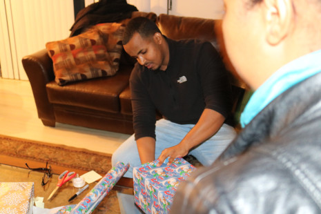 Volunteers wrapping gifts