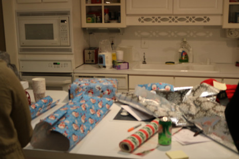 Volunteers wrapping gifts