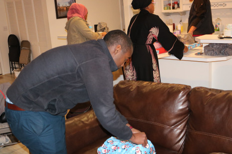 Volunteers wrapping gifts