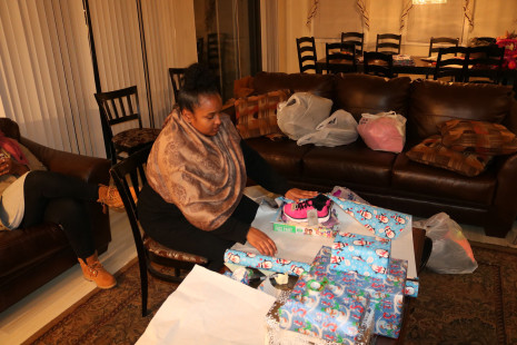 Volunteers wrapping gifts