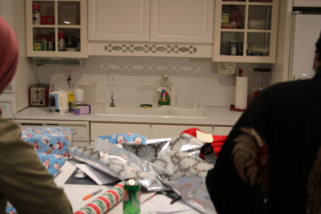 Volunteers wrapping gifts